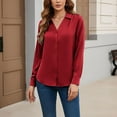 thumbnail image 5 of Lenpel Button down Shirts for Women Long Sleeve V Neck Collared Pleated Curved Hem Satin Silk Blouses Business Casual Tops(Red,Large), 5 of 7