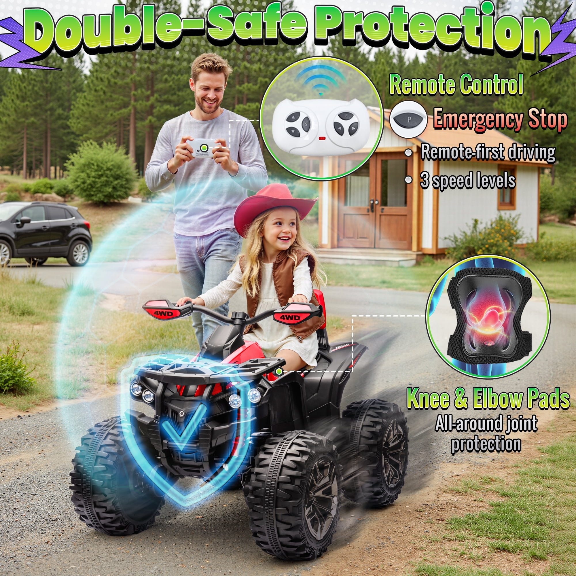 Joyracer 4WD ATV for Kids, 24 Volt Ride on Toys, Power ATV Wheels with 800W Motor, Remote, Bluetooth Music, Horn, LED for Big Kids Gift, Red