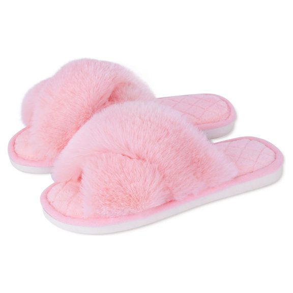 Finvizo Fuzzy Slippers Women's Cross Band Fluffy Slippers Open Toe Furry House Slippers Size 4 5,Pink