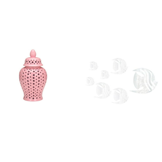 Jarrón De Porcelana Con Tapa Para Arreglos Florales Y Decoración De Almacenamiento, Combinado Con Pegatinas De Pared De Peces Con Espejo Acrílico, Decoración Artística Extraíble Para