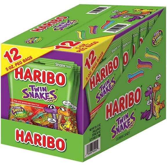 Haribo Twin Snakes Gummy Candy – 12 Count Pack – 5 oz Bags Each – Sweet & Sour Fruit Flavored Gummies Bulk Family Share Size