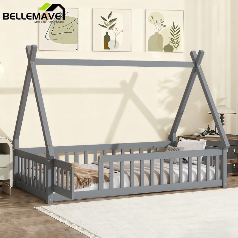 Bellemave Twin Size Floor Bed with Door, Teepee Tent Bed Beds, Twin Montessori Floor Bed with Guardrails, Wood House Bed with Slats, Grey