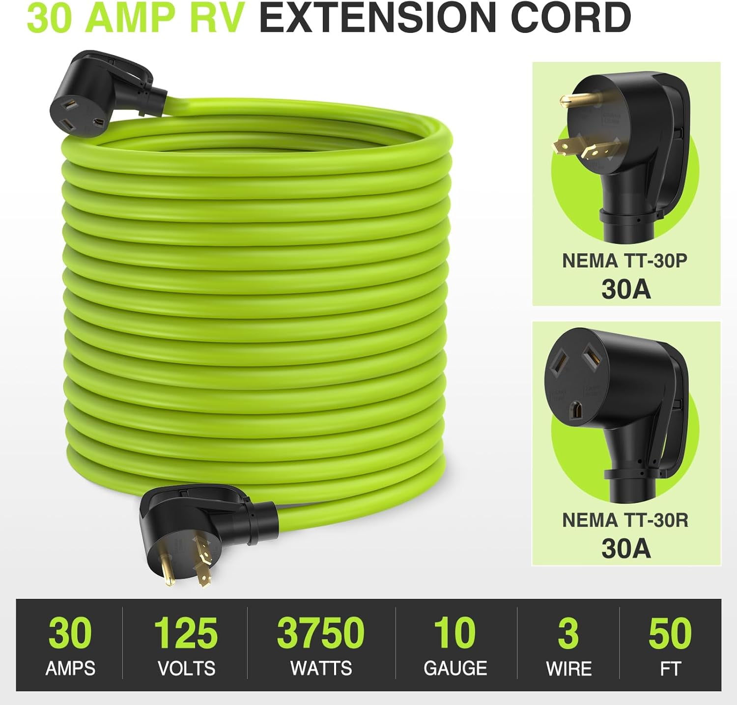 Nilight 50FT 30 Amp RV Extension Cord 125V Heavy Duty 10/3 Gauge Pure Copper TT-30P TT-30R Weatherproof