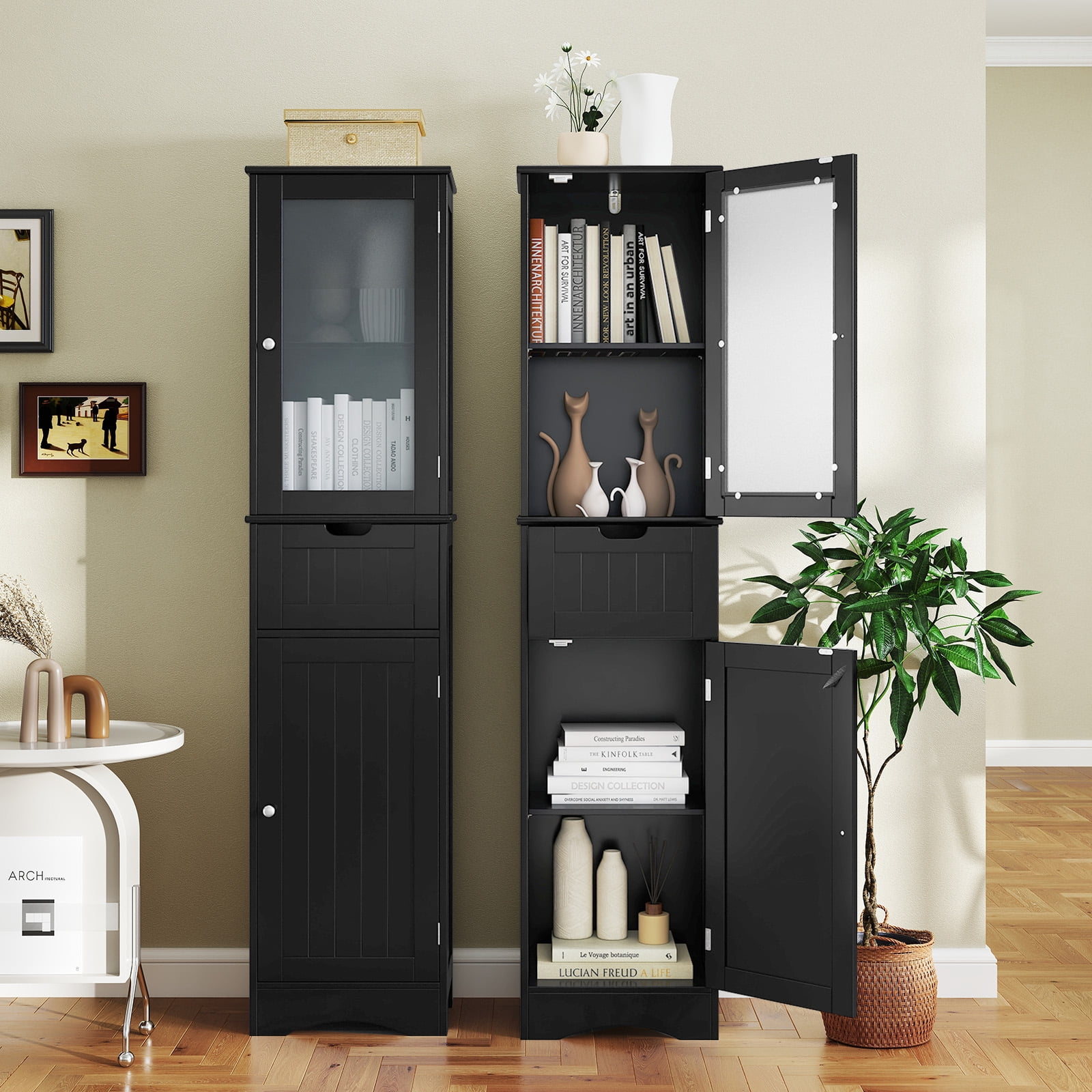 Giantex Tall Bathroom Storage Cabinet, Narrow Slim Linen Tower, Freestanding Floor Cabinet, Black