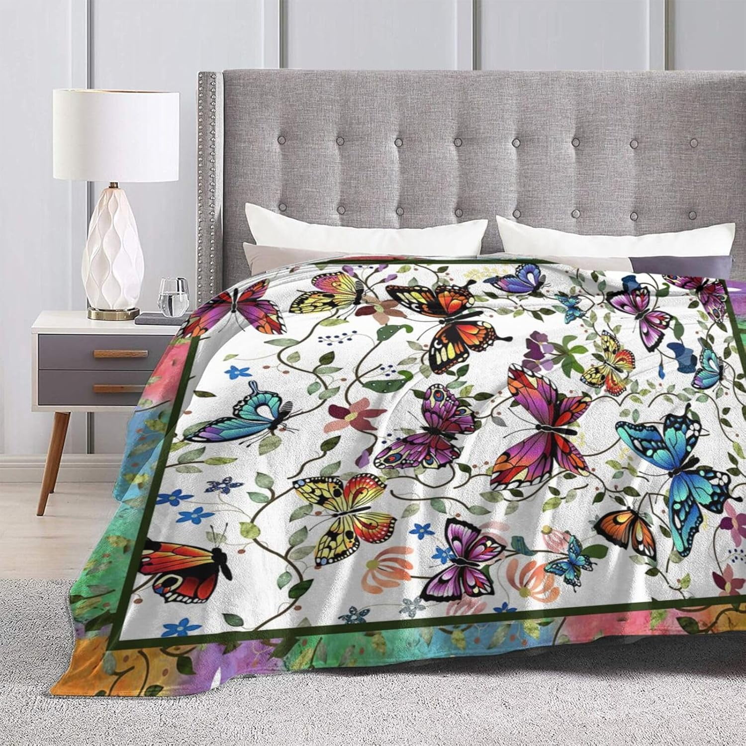 Butterfly Blanket Colorful Butterflies Throws Flowers Print Plush Fuzzy Florals Fleece Blankets Gifts for Girls Boys Super Soft Warm Cozy Stuffed Animal for Kids Men Women Bed Sofa 50"x40"