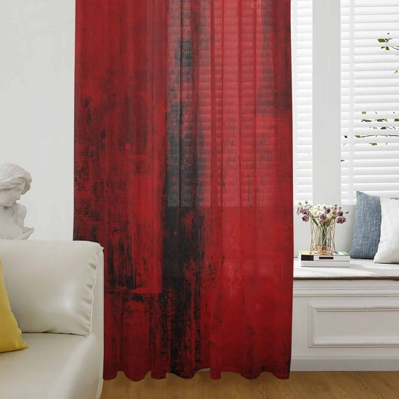 Red Semi Sheer Curtains Drapes for Living Room, Bedroom, French Doors Window 63 Inches Long, Retro Oil Painting Modern Abstract Art Aesthetics Rod Pocket Chiffon Curtain Drapery Voile Drape Panel