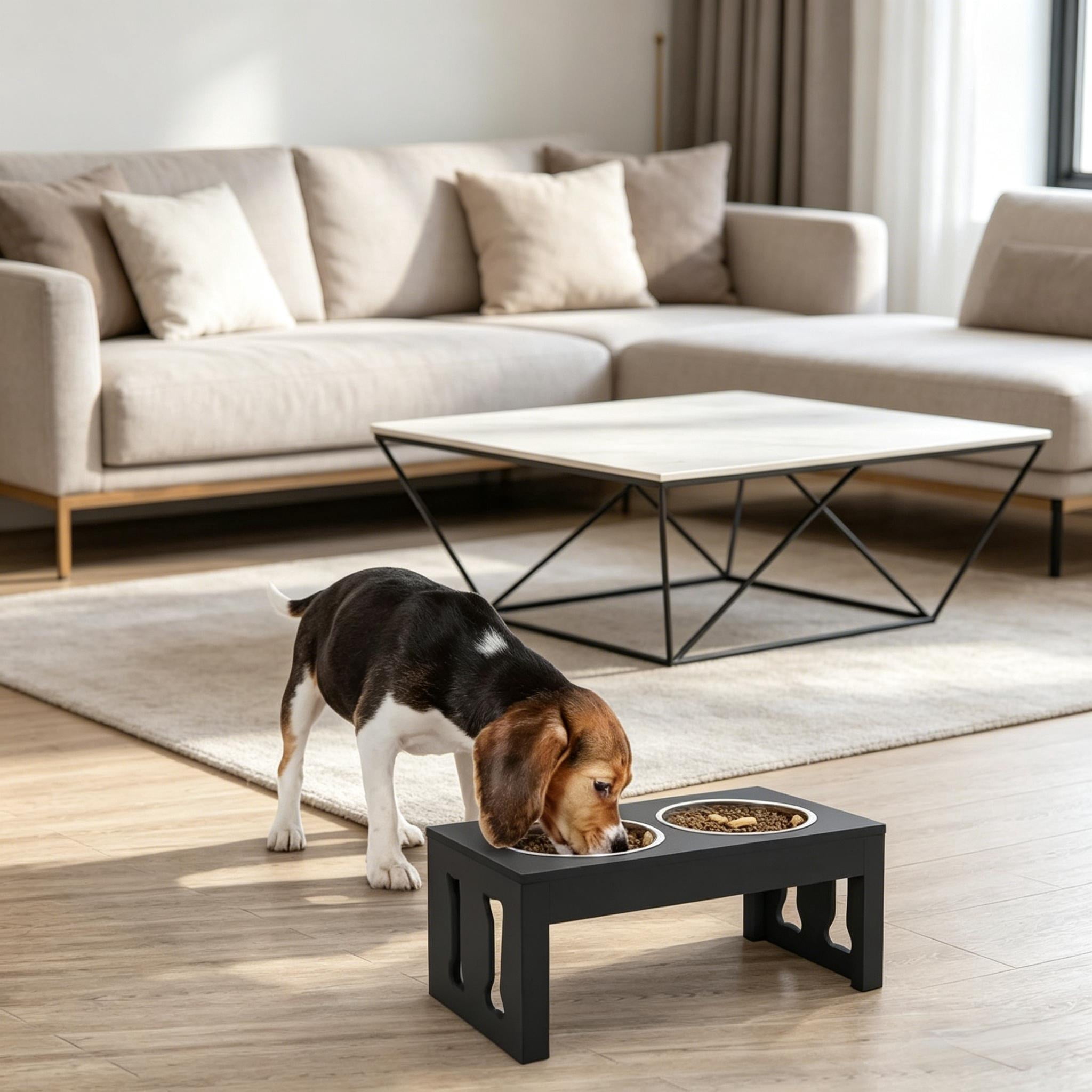 Elevated Dog Double Bowl Feeder, Raised MDF Pet Food Water Stand With Non-Slip Base Stainless Steel Bowls For Medium Dogs French Bulldog Pug Beagle