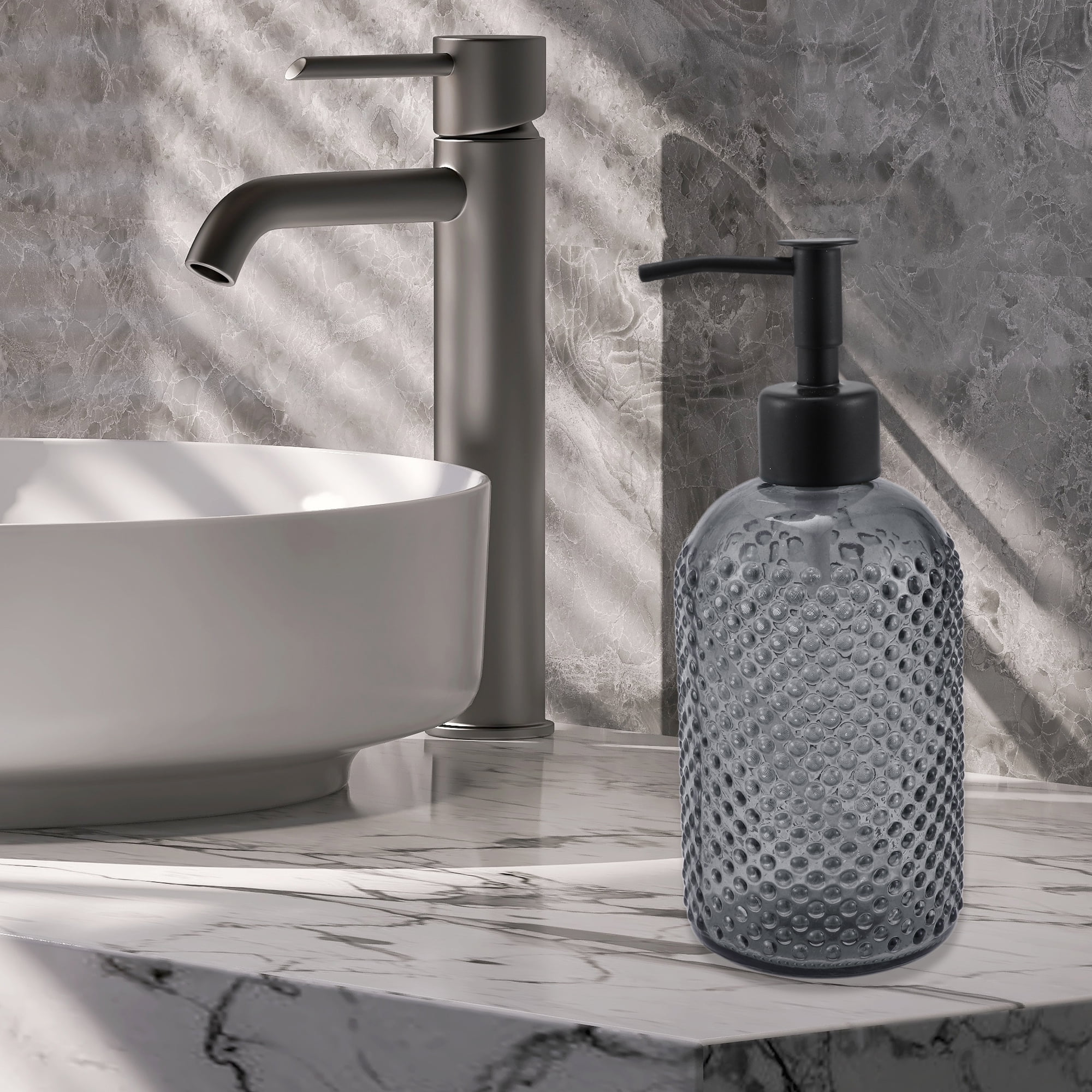 Unique Bargains 1 Pc Elegant Circle Raindrop Pattern Soap Pump Dispenser for Bathroom 13.52oz Gray Black