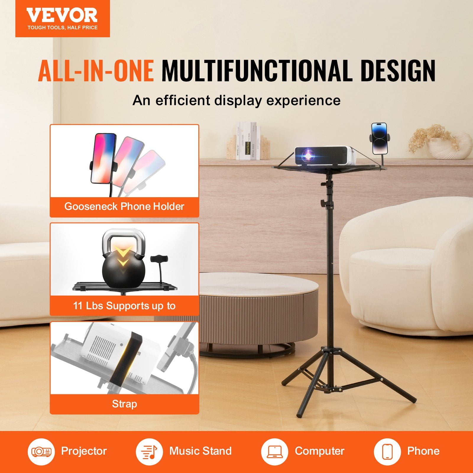 Adjustable Height Projector Stand Tripod with Tray and Gooseneck Phone Holder Portable for Outdoor Movies Home Office Stage Studio 26.97 to 63 Inch