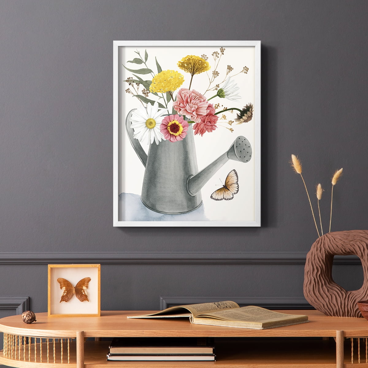 Watering Can Bouquet II Framed Print in White Solid Wood 8 x 10 Framed Print