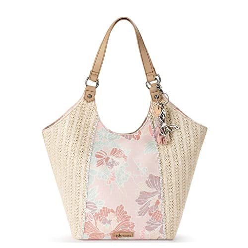 Elena Handbags Large Straw Woven Tote Bag with Leather Straps White