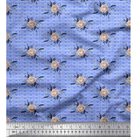 Soimoi Blue Cotton Voile Fabric Geometric & Roses Floral Print Fabric by the Yard 58 Inch Wide