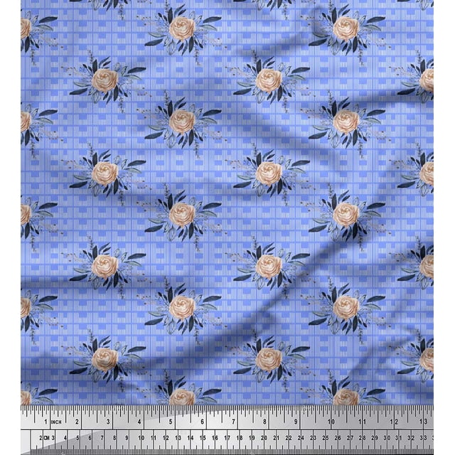 Soimoi Blue polyester Crepe Fabric Geometric & Roses Floral Print Sewing Fabric Yard 52 Inch Wide