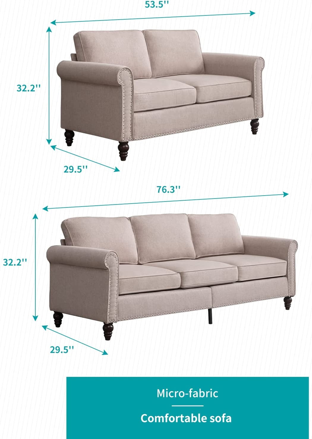 BALUS Living Room Sofa Set, Linen Fabric Sectional Sofa and Loveseat Sets, Free Combination Couch Perfect for Small Spaces, Beige