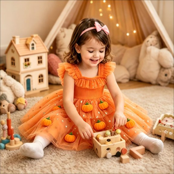 Jinhomg Cute Kids Halloween Tutu Dress 3D Ghost Pumpkin Applique Tiered Ruffled Tulle Skirt Metallic Star Smocked Bodice Festive Party Outfit
