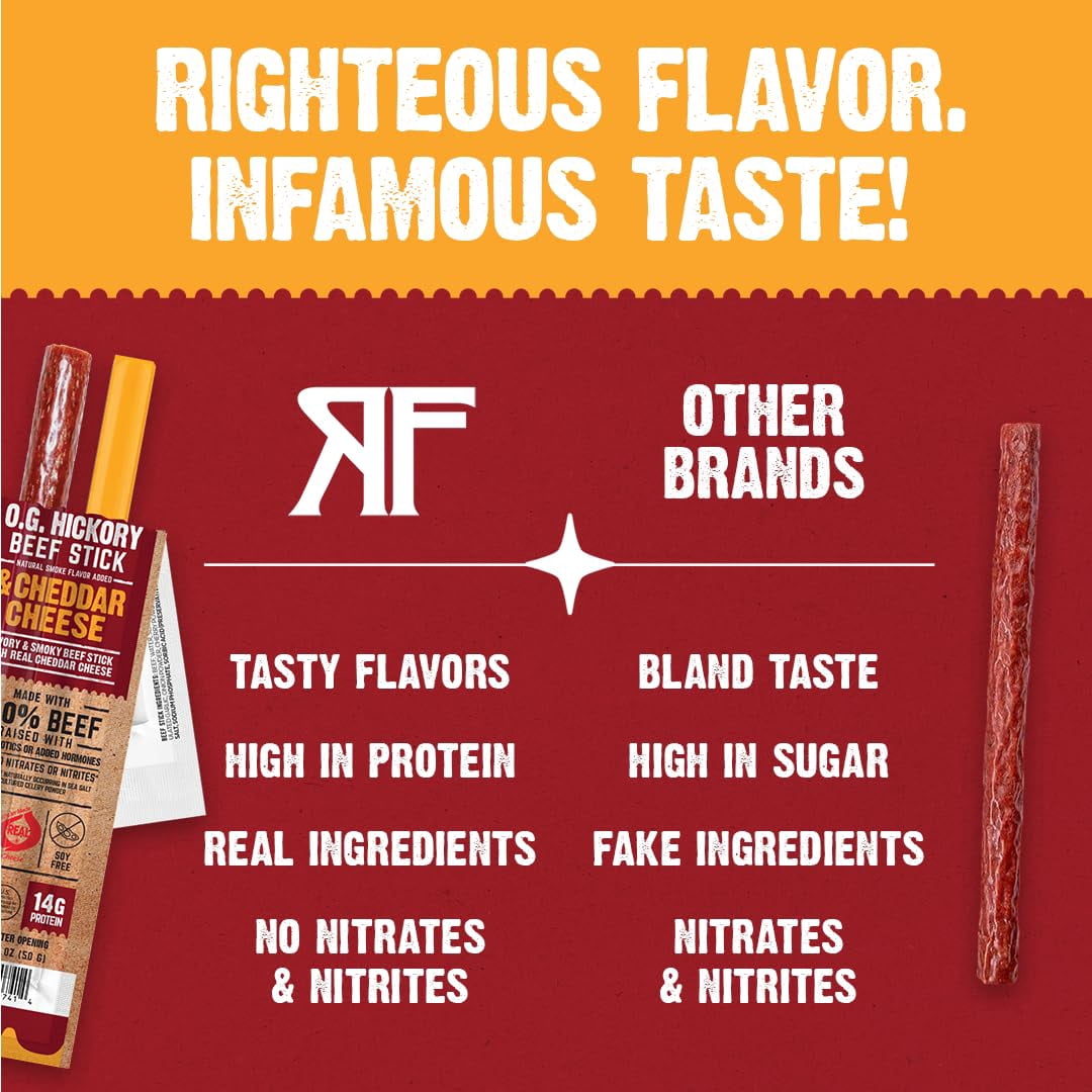 Righteous Felon O.G. Hickory Beef & Cheddar Cheese Sticks, 14g Protein, 100% Grass-Feed - 10 Combo Sticks