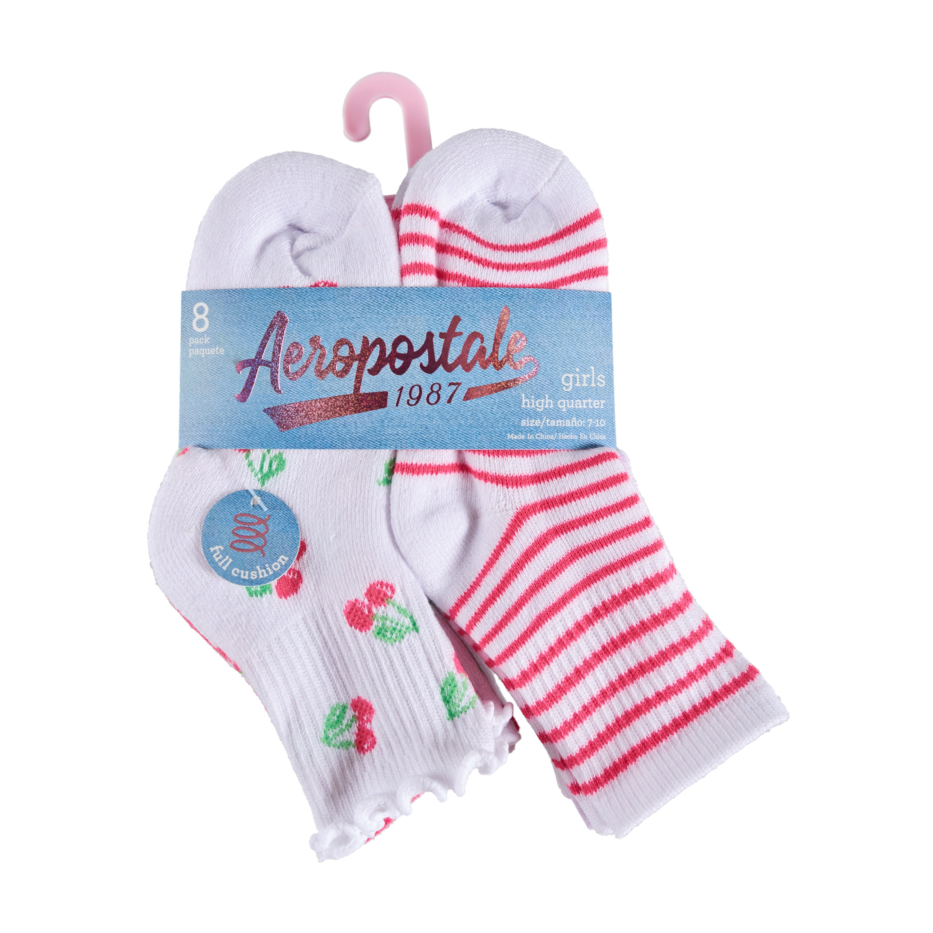 Aeropostale Girls Full Cushion High Quarter Kids Socks (8-pack) – Cherry Bow Lettuce Cuff