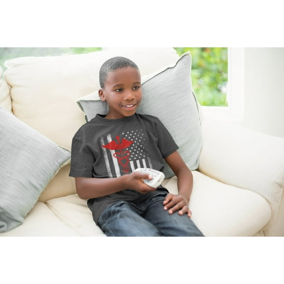 Youth USA Flag Red Premium Ringspun Tee Support Our Heroes EMT Nurses (Dark Heather, Small)