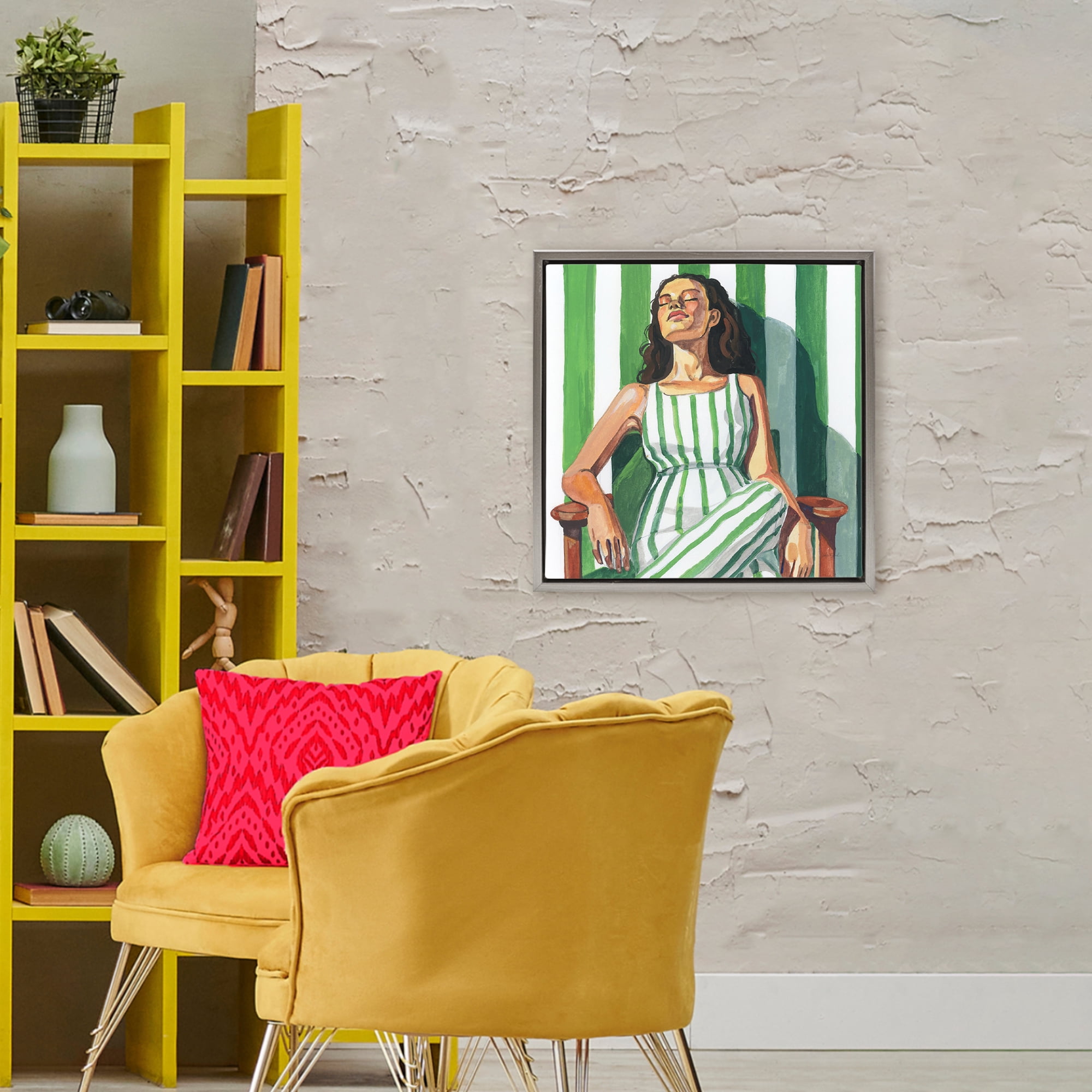 Stupell Industries Relaxing In A Striped Dress Gray Framed Floater Canvas Wall Art, design by Kate Jarvik Birch