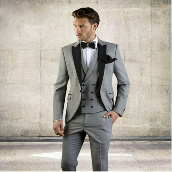 QueenLine (Blazer Pants Vest) Grey Men Suit Slim Fit Jacket With Black Tuxedo Custom Made Blazer Wedding Groom Suits costume homme