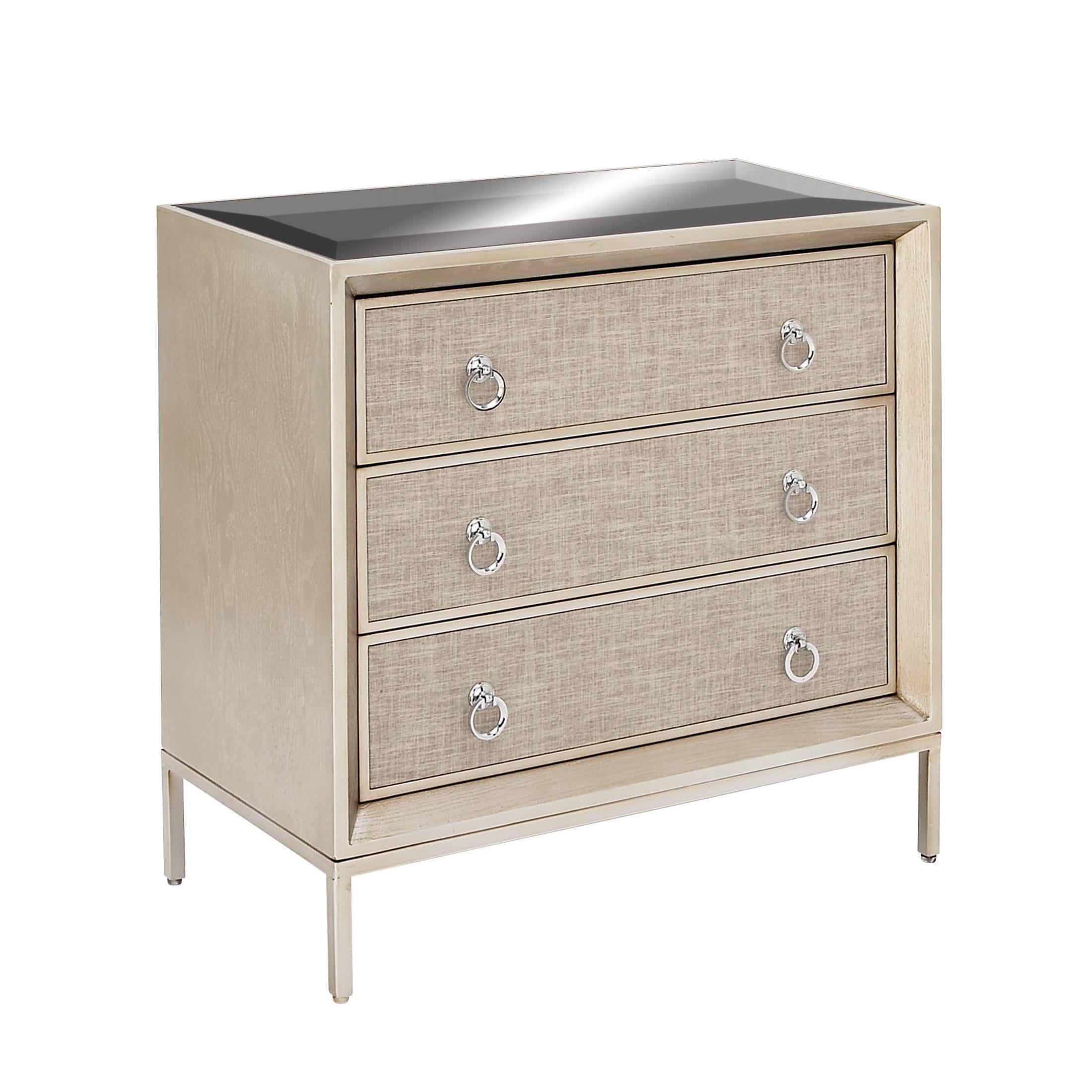 DecMode 32" x 32" Beige Wooden Upholstered Front Panel 3 Drawer Chest with Mirrored Top and Ring Handles, 1-Piece