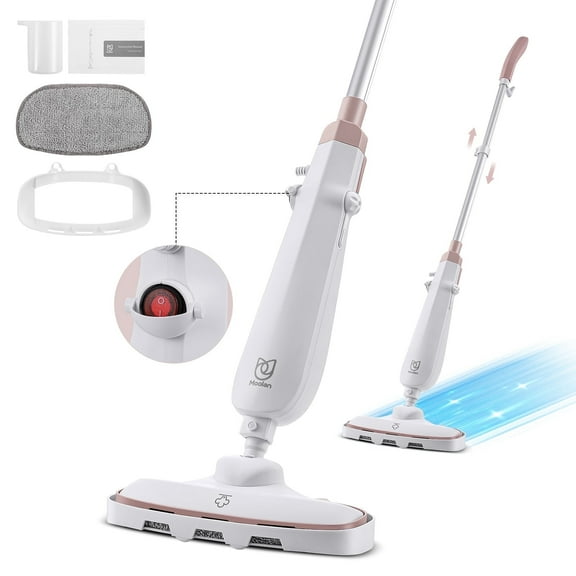 Moolan Steam Mop - All-in-one Powerful Handheld Steam Cleaner Detachable Floor Steamer with 7 Accessories, MultiPurpose Steamer for Hardwood Floors, Clothes,Windows,Tiles,Carpet, Whole Home Use,White
