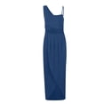 thumbnail image 6 of Wycnly Womens Dresses Basic Ruched Bodycon One Shoulder Irregular Wrap Strap Dresses Fashion Solid Slash Neck Sleeveless Midi Summer Dress Navy l, 6 of 7