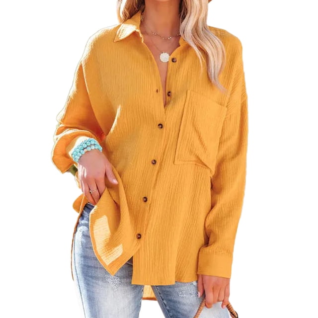 Camisas con cuello en V para mujer, con botones, manga larga de murciélago, blusas casuales de gran tamaño con bolsillo