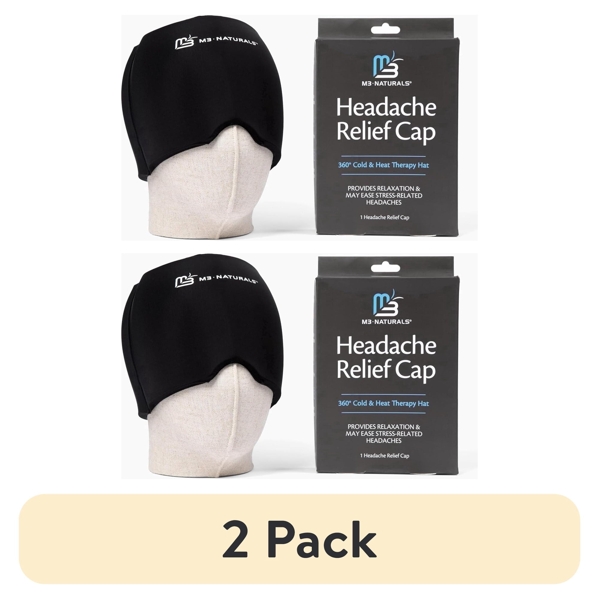 (2 pack) M3 Migraine Relief Cap, Headache Relief Cap with 360° Cold & Heat Therapy, Black, 1 Count