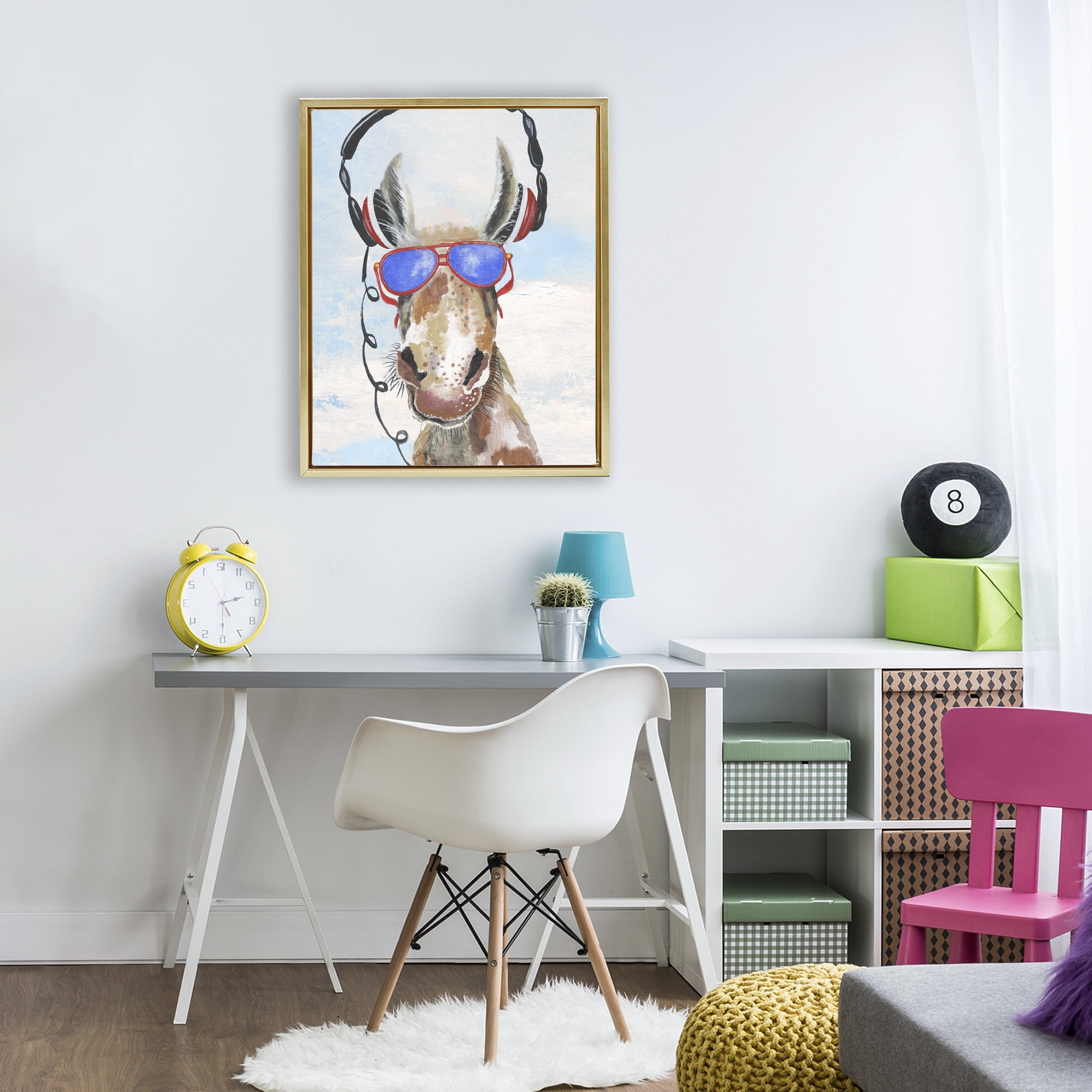 Stupell Industries Donkey Wearing Headphones Gold Framed Floater Canvas Wall Art, design by Janet Tava
