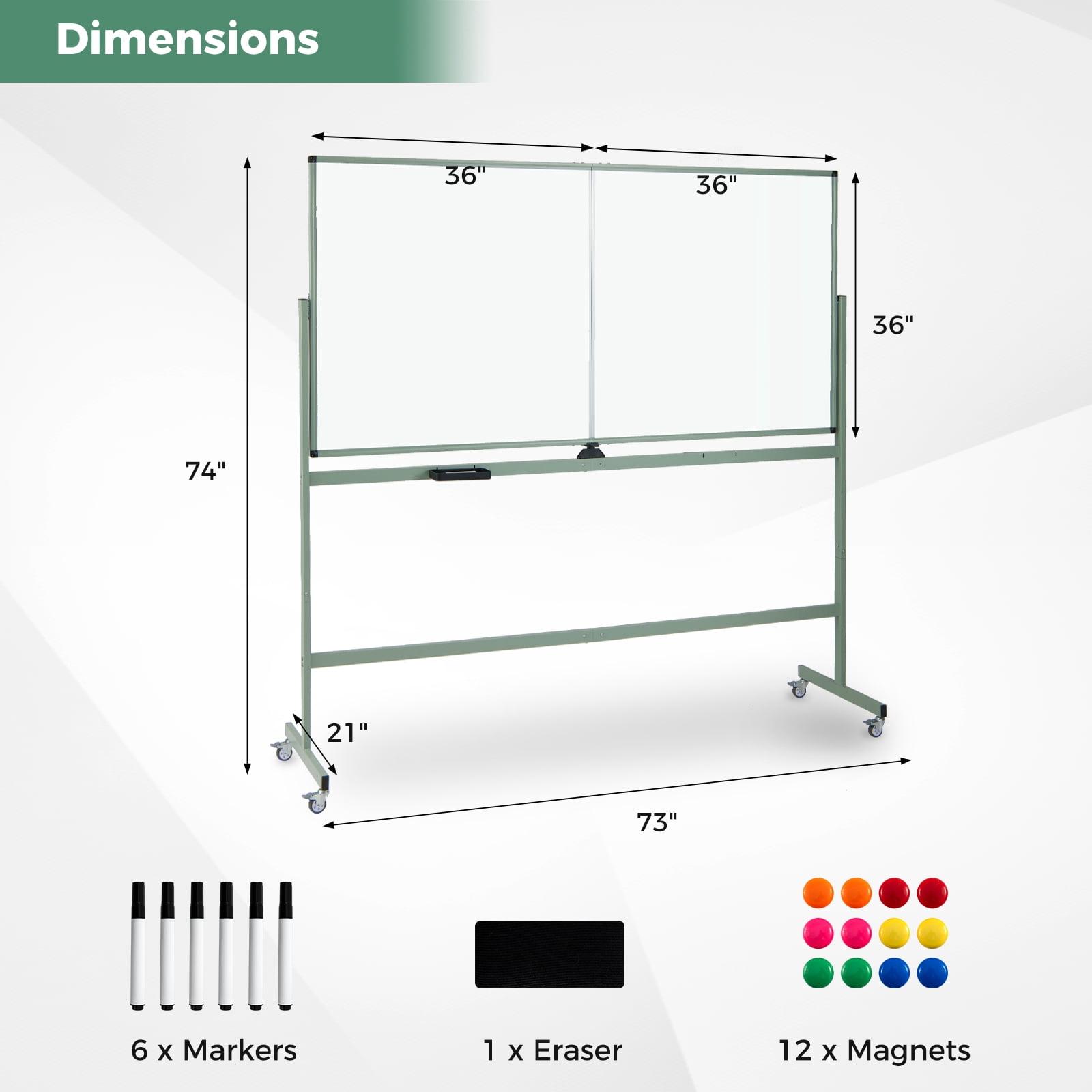 Costway 72" x 36" Double-Sided Magnetic Whiteboard with Stand and Aluminum Alloy Frame Green