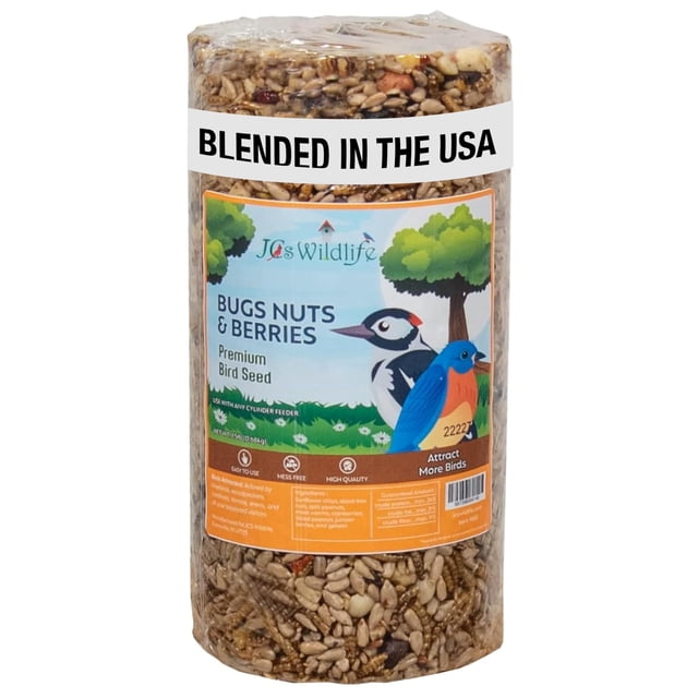 Cilindro de semillas para pájaros con frutos secos y bayas de JCs Wildlife Bugs con orificio, no ens