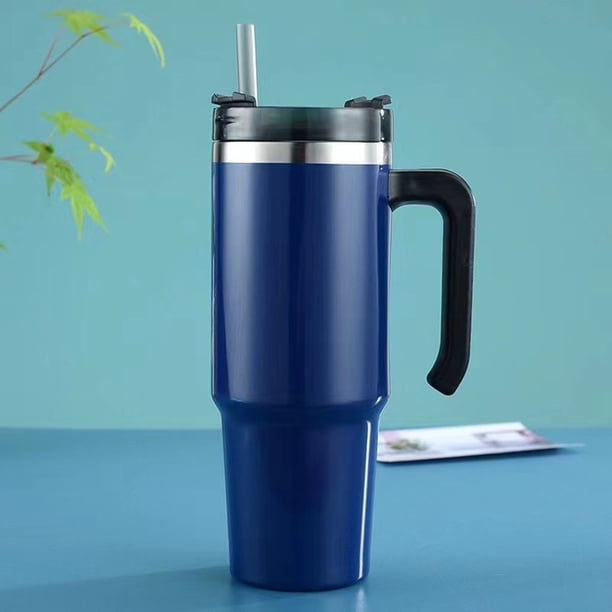 Termo Botella de agua para beber de 30 oz Taza de paja de café portátil con asa (Azul)