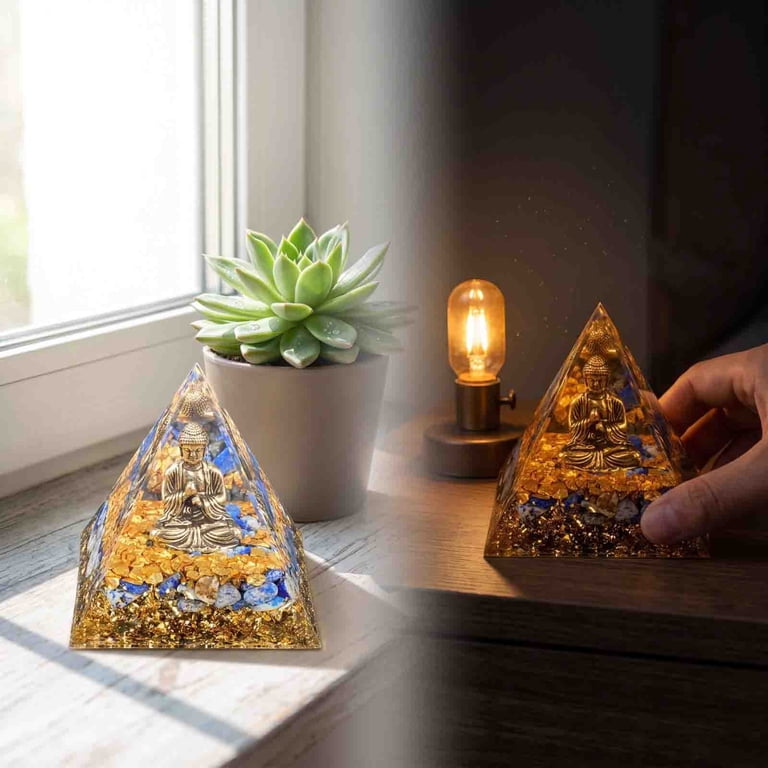 Xhegex 5cm Natural Crystal Pyramids with Buddha Ornament for Home