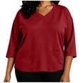 thumbnail image 2 of thefmos Women's V Neck 3/4 Sleeve Pullover Blouse with Pocket Plus Size Solid Color Casual Top Trendy Fall Spring Outfit, Red 5XL, 2 of 7