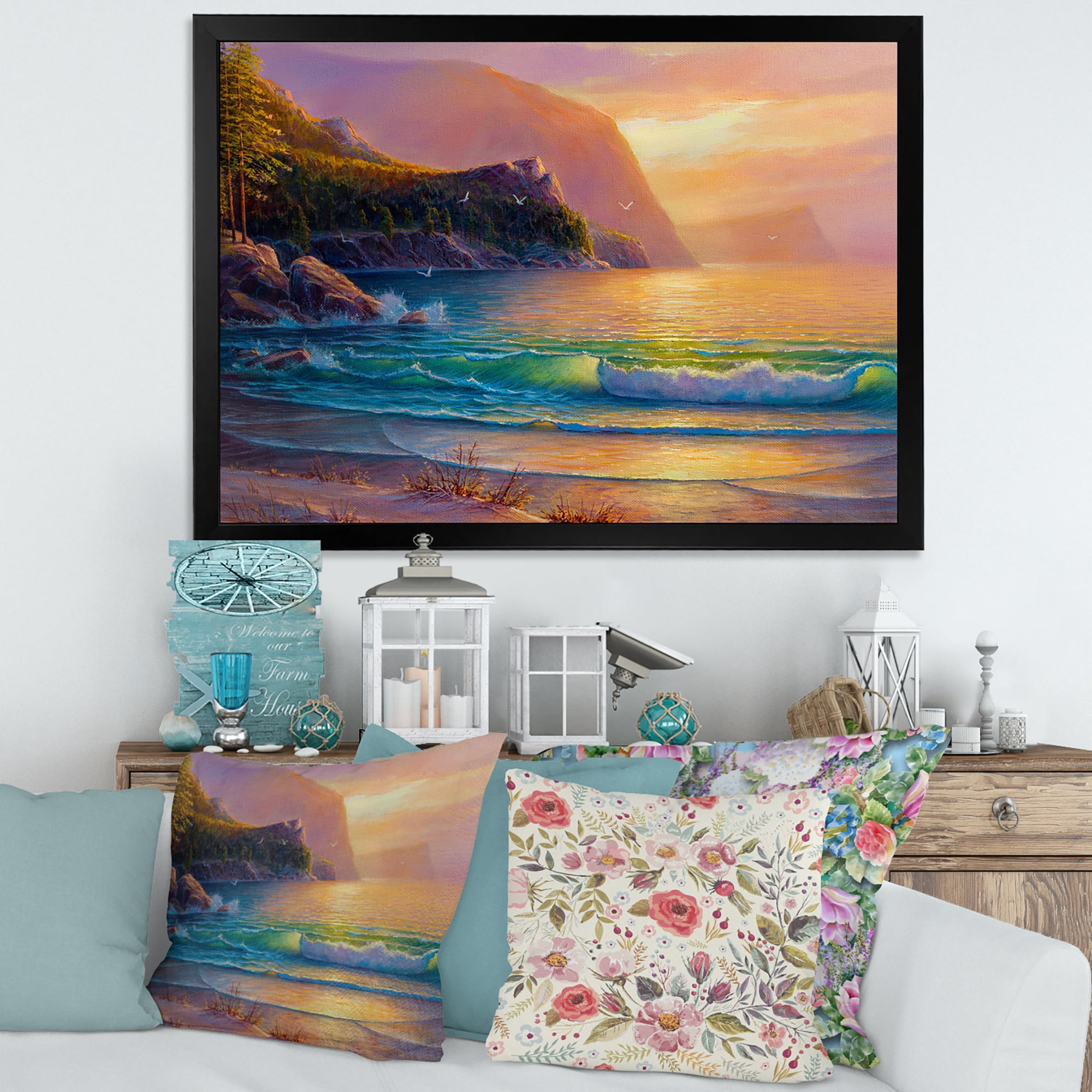 Romantic Beach During Warm Evening 32 in x 24 in Framed Photography Canvas Art Print, by Designart