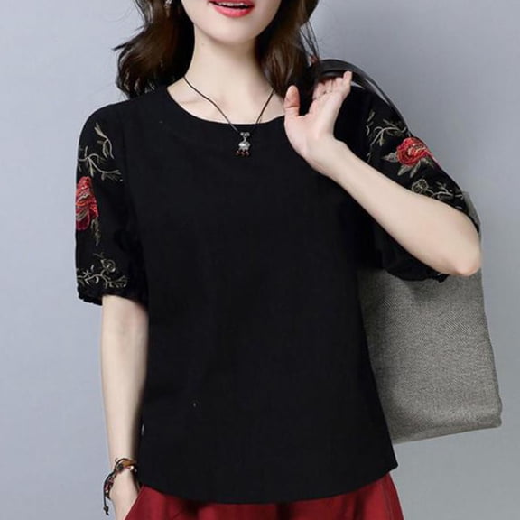 Hrsba Tops for Women Trendy,Solid Color Crewneck Blouse 1/2 Sleeve Comfy Casual Summer Ladies T Shirt Tee Top