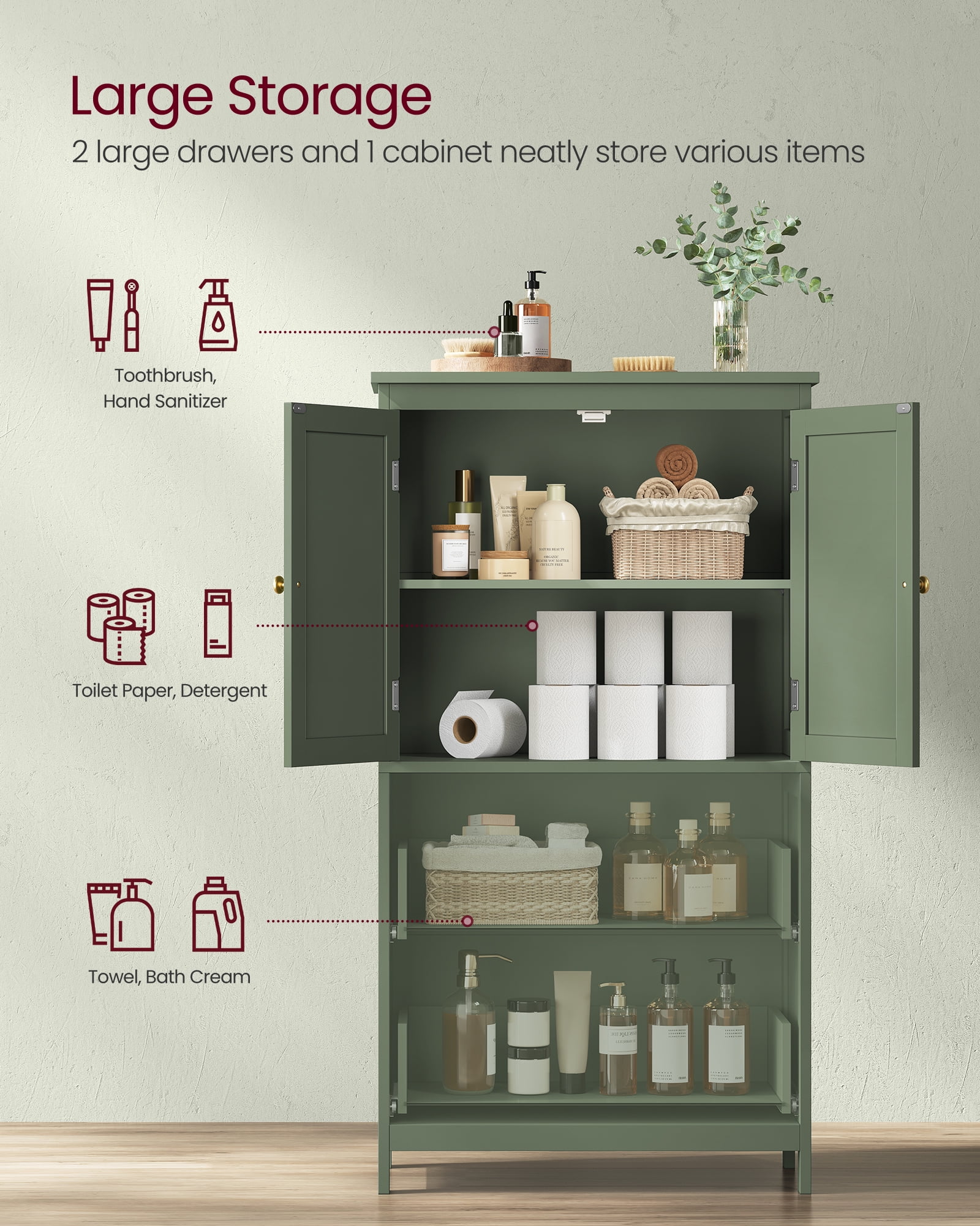 Floor Storage Cabinet,  Storage Unit, Freestanding  Cabinet with 2 Drawers and 2 Doors, Adjustable Shelf, 11.8 x 23.6 x 43.3 Inches, Forest Green