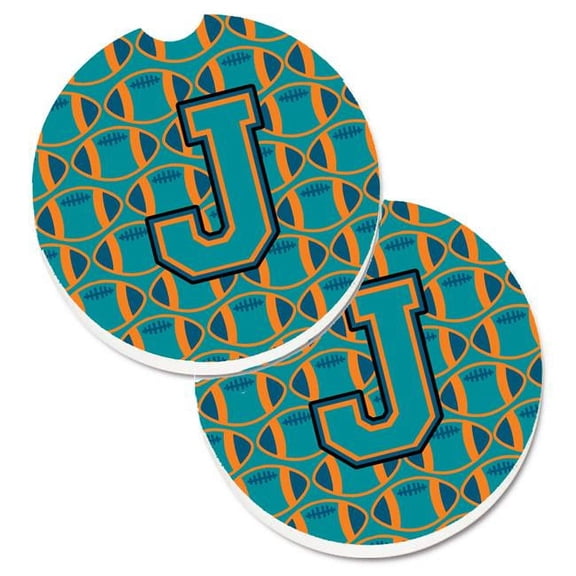Letter J Football Aqua with Orange & Marine Blue Set of 2 Cup Holder Car Coaster