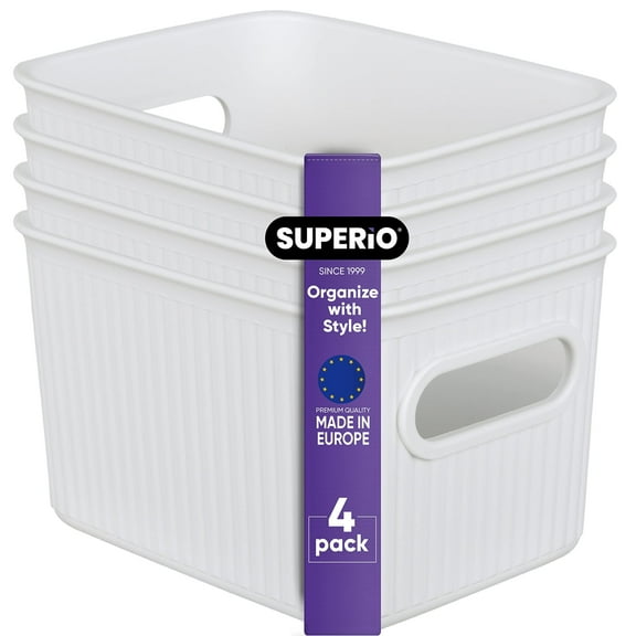 Superio 1.5 L Mini Ribbed Storage Bin- Plastic Storage Basket (White, 4 Pack)