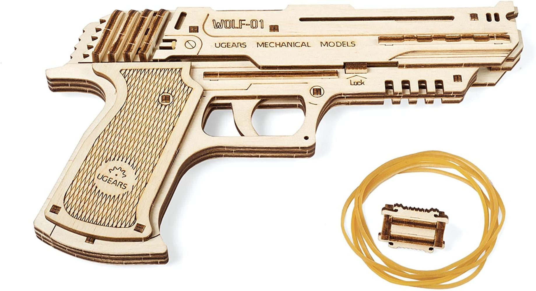 UGEARS Wolf-01 Handgun Rubberband Gun Mechanical 3d Wood Puzzle for sale online 