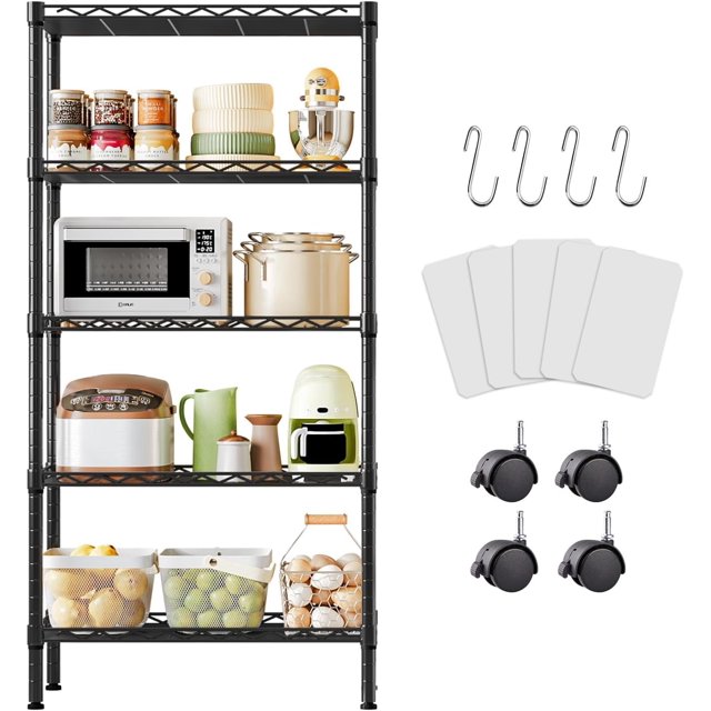 Estante de 5 Niveles con Ruedas,Estante de Malla Metálica Ajustable,Organizador de Almacenamiento de Servicio Pesado,con 4 Ganchos,Adecuado para Cocina,Sala de Estar,baño (Plata)