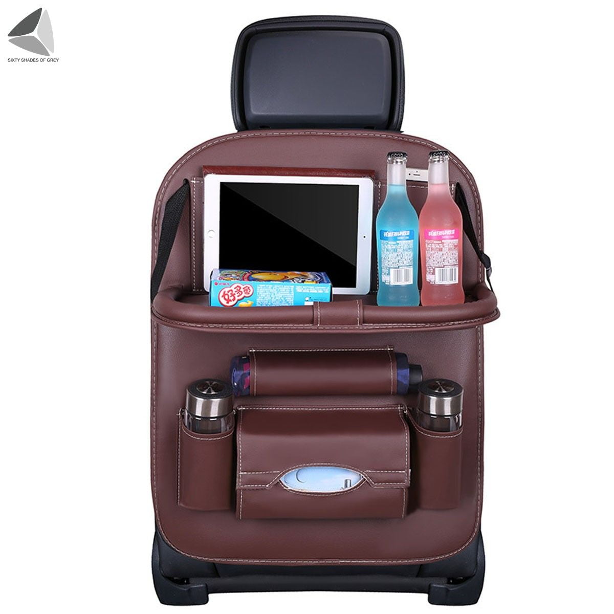 PULLIMORE Car Backseat Organizer with Foldable Tablet Holder, PU Leather Car Storage Protectors Seat Kick Mats Cup Holder Car Universal Use Covers (Brown)
