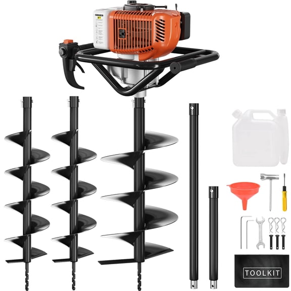 62cc Gas Powered Post Hole Digger, Earth Auger with 6" & 8" Drill Bits and 2 Extension Rods, Heavy Duty Earth Digger for Farmland, Garden, Fence Posts and Tree Planting (62CC)