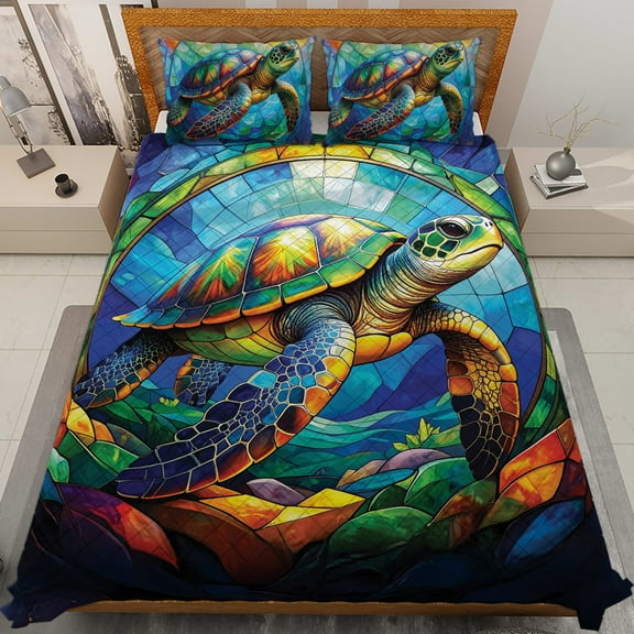 Lotusprinthandmade Sea Turtle Graphic Quilt Bedding Set (Fold Hem) 5 Sizes (Made in Vietnam) (55x60), turtle lovers quilt bedding set, sea turtle quilt cover
