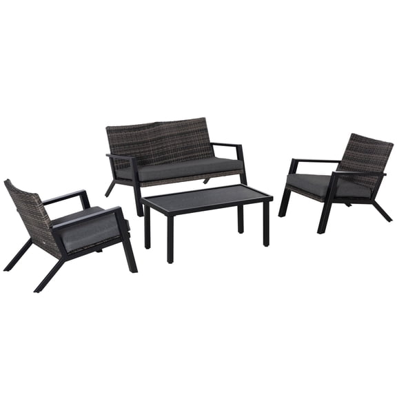 4-Piece Patio Sofa Set Outdoor Wicker Patio Conversation Sets with Removable Cushion and Coffee Table for Balcony, Backyard Black and Grey