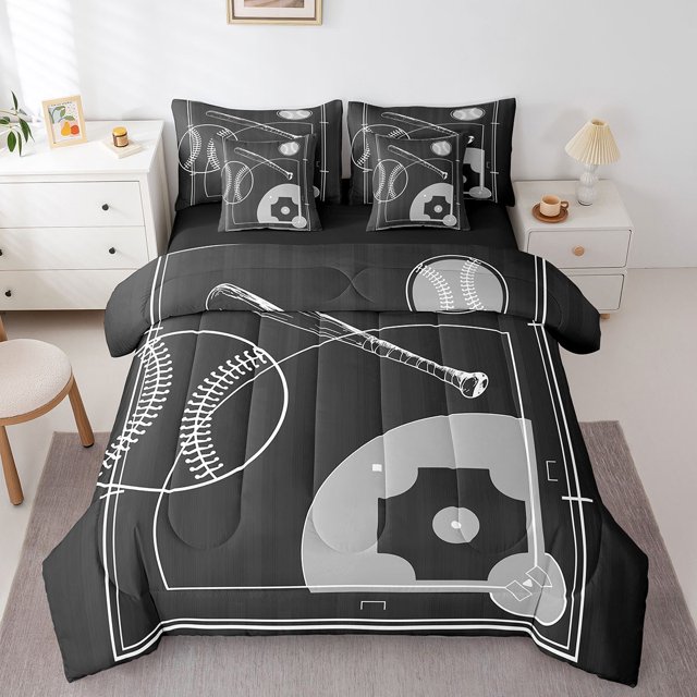 Kids Sports Bedding Comforter Sets 7pcs for Boys Baseball King Bedding Sets, Baseball Print Reversible Bed in a Bag Ball Game Comforter Set, Baseball Field Bed Set