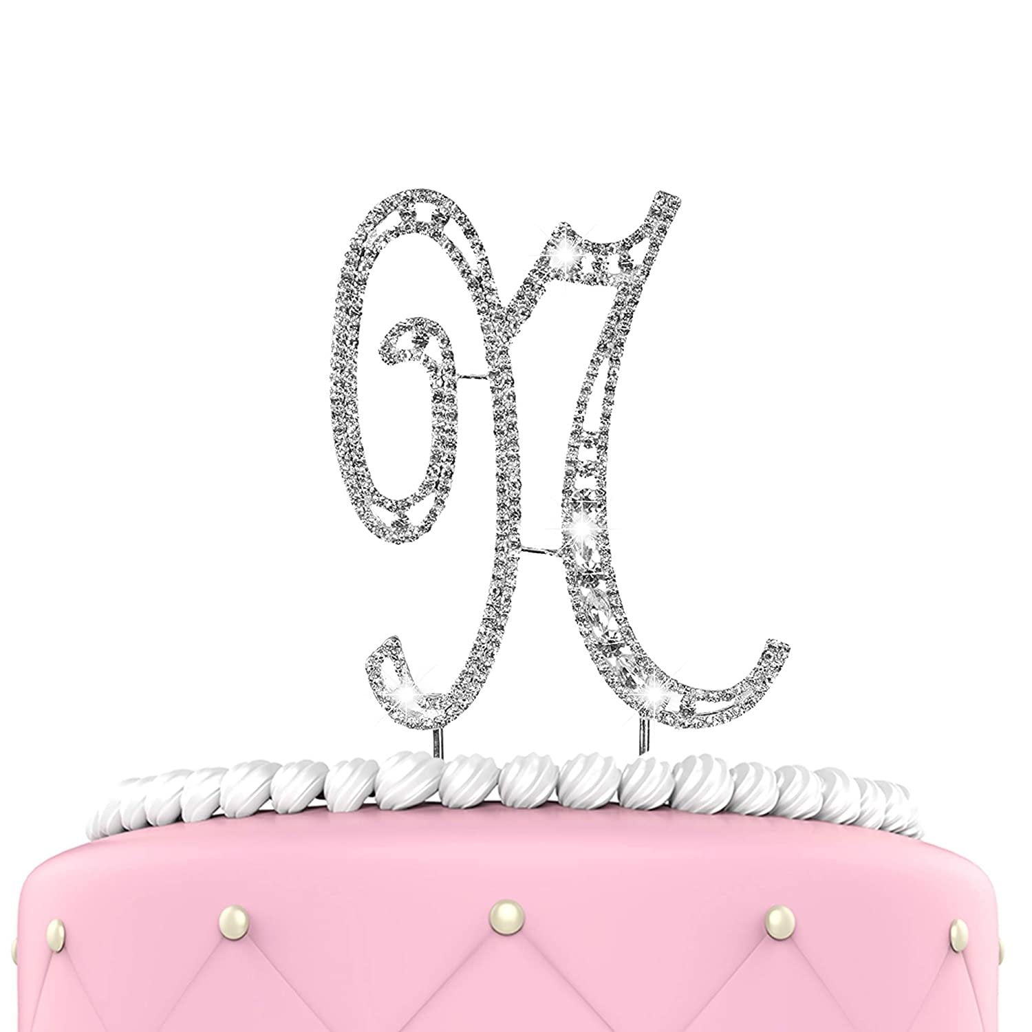 Small Crystal Rhinestone Silver Letter A to Z Monogram Wedding Cake Topper 