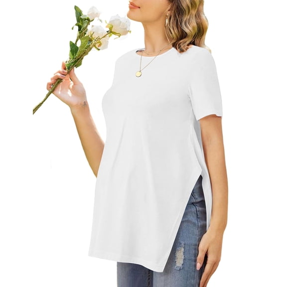 Ekouaer Women's Maternity Shirts Short Sleeve Pregnancy Tops Blouses Split Side Casual Crewneck Pregnant Tunic Tee