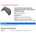thumbnail image 2 of Front Left Driver Side Fender Liner - Compatible with 2020 - 2023 Chevy Silverado 2500 HD 2021 2022, 2 of 2